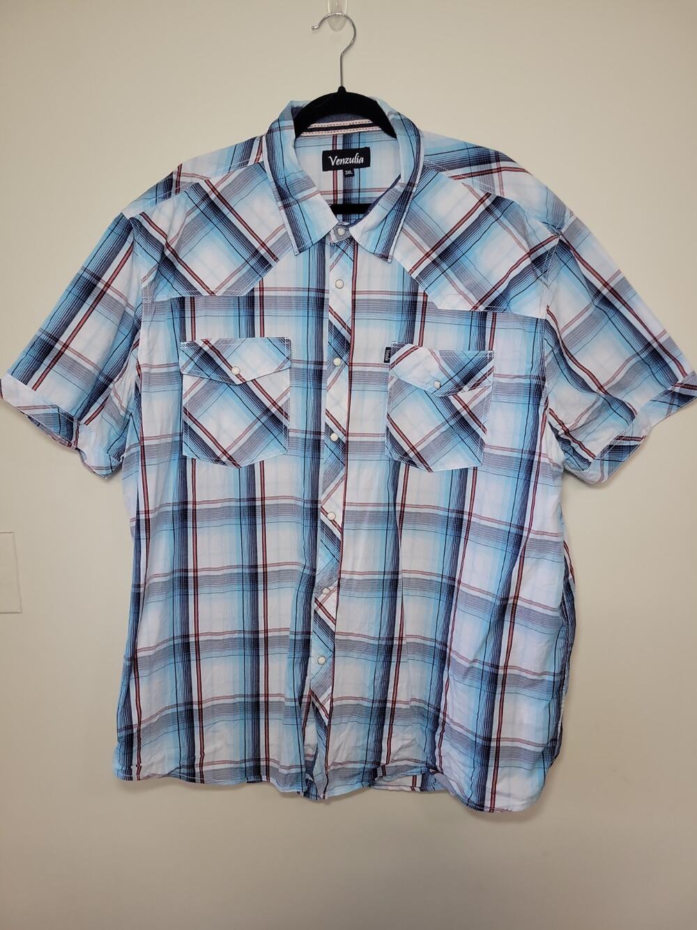 Men's Pearl Snap Blue Plaid Button-Up Size 3XL 100% Cotton Short Sleeve Western